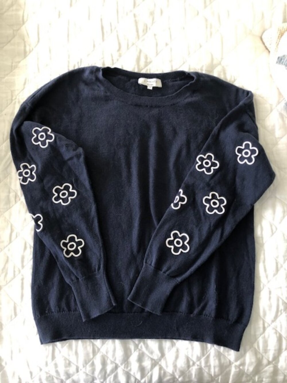 J. Society Navy Cotton Sweater with White Daisy Appliques. Size XS